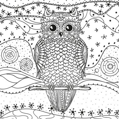 Mandala ile izole beyaz baykuş. Zentangle. El soyut desenler yalıtım zemin üzerine çekilmiş. Yetişkinler için manevi rahatlama için tasarım. Siyah beyaz resim boyama