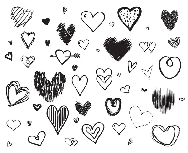 Handgezeichnete Herzen Auf Weißem Hintergrund Eine Reihe Von Liebeszeichen Einzigartige — Stockvektor