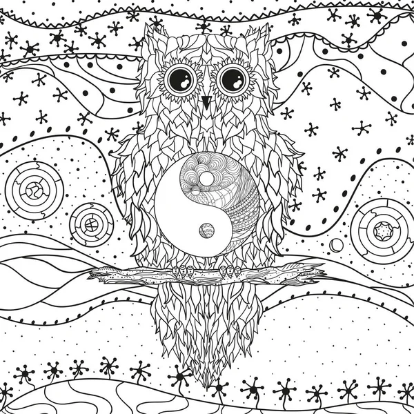 Mandala Met Uil Geïsoleerde Wit Zentangle Hand Abstracte Patronen Isolatie — Stockvector