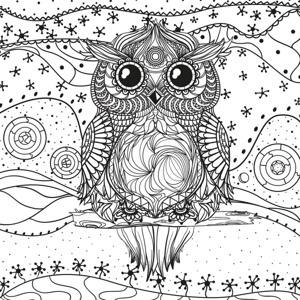 Mandala Sową Biały Białym Tle Zentangle Ręcznie Rysowane Abstrakcyjne Wzory — Wektor stockowy