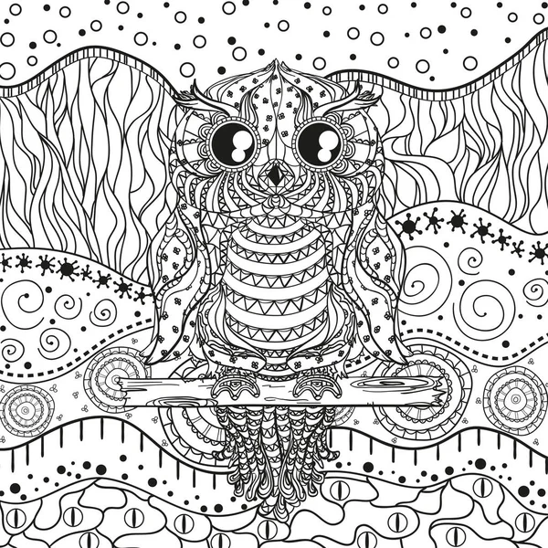 Mandala Met Uil Geïsoleerde Wit Zentangle Hand Abstracte Patronen Isolatie — Stockvector