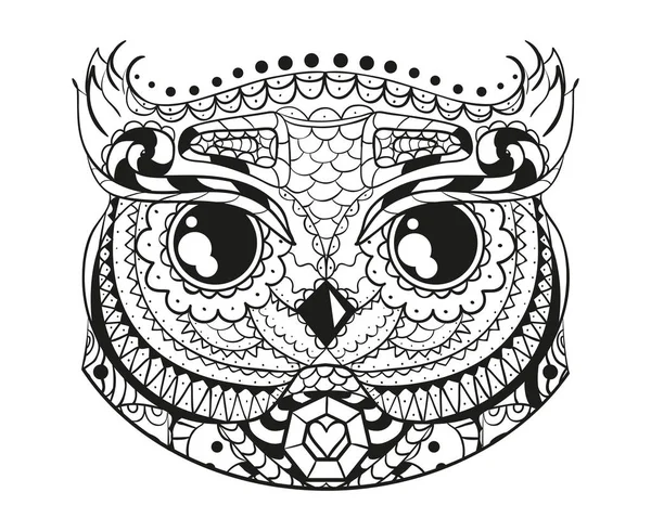 分離白フクロウの頭 Zentangle 分離の背景に抽象的なパターンを持つ鳥を描いた 大人のための精神的なリラクゼーションのためのデザイン 黒と白のイラストぬりえ — ストックベクタ