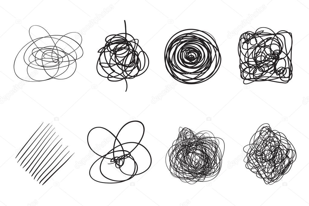 Tangled shapes on white. Chaos pattern. Scribble sketch. Background with array of lines. Intricate chaotic texture. Art creation. Black and white illustration. Doodles for posters and flyers