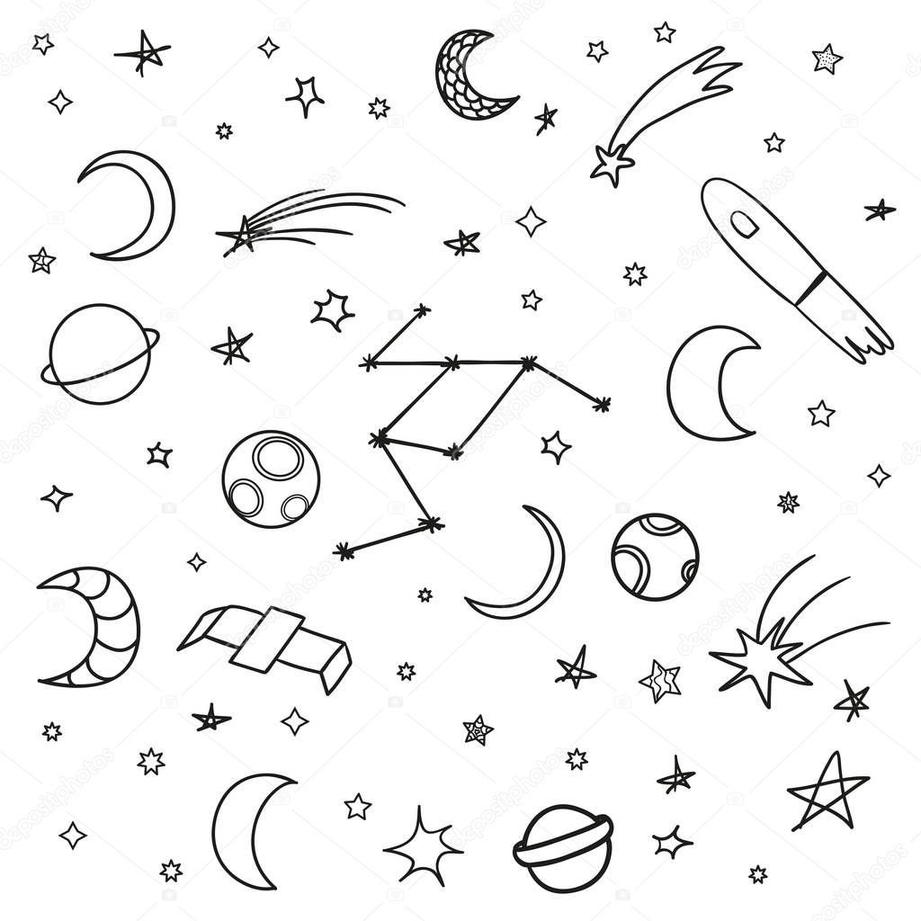Cosmos elements on isolation background. Collection. Doodles for design on white. Hand drawn simple symbols. Line art. Set of different signs. Abstract illustration for simple design. Art creation