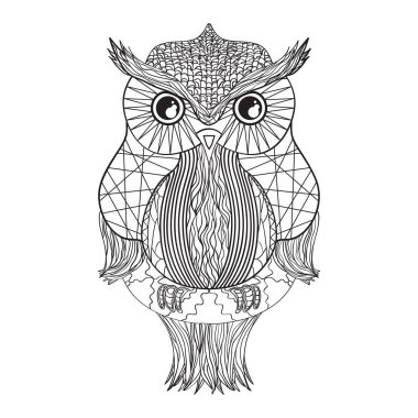 İzole beyaz baykuş. Zentangle. Ayrıntılı el vintage kuş soyut desenler ile yalıtım zemin üzerine çekilmiş. Yetişkinler için manevi rahatlama için tasarım