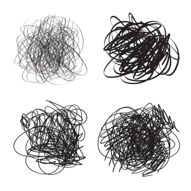 İzole beyaz karışık şekillerdeki. Kaos desen. Karalama kroki. Çizgiler bir dizi arka plan. Karmaşık kaotik doku. Sanat yaratma. Siyah beyaz resim