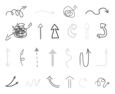 Elle çizilmiş Infographic öğeleri üzerinde beyaz. Soyut oklar. Hat sanatı. Farklı işaretlere kümesi. Siyah beyaz resim. Doodles'ın iş için