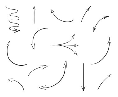 Elle çizilmiş Infographic öğeleri üzerinde beyaz. Soyut oklar. Hat sanatı. Farklı işaretlere kümesi. Siyah beyaz resim. Doodles'ın resim için
