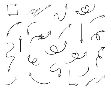 Elle çizilmiş Infographic öğeleri üzerinde beyaz. Soyut oklar. Hat sanatı. Farklı işaretlere kümesi. Siyah beyaz resim. Doodles'ın resim için