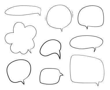 Elle çizilmiş kümesi ve sürekli konuşma balonları. Beyaz soyut semboller. Yağma sözler için desen. Hat sanatı. Farklı işaretler topluluğu. Siyah beyaz resim