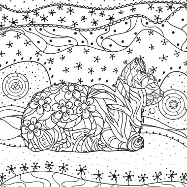 Soyut Doğu desen ile izole beyaz kedi. Zentangle. El soyut desenler yalıtım zemin üzerine çekilmiş. Yetişkinler için manevi rahatlama için tasarım. Siyah beyaz resim