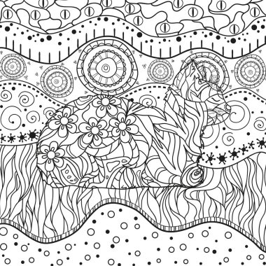 Soyut Doğu desen ile izole beyaz kedi. Zentangle. El soyut desenler yalıtım zemin üzerine çekilmiş. Yetişkinler için manevi rahatlama için tasarım. Siyah beyaz resim
