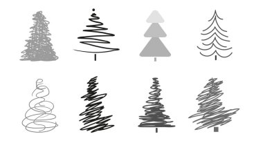 Beyaz üzerinde Noel ağaçları. Simgeler için izole arka plan üzerinde ayarlayın. Geometrik sanat. Nesneleri basımcılık, poster, tişört ve Tekstil için. Siyah beyaz resim