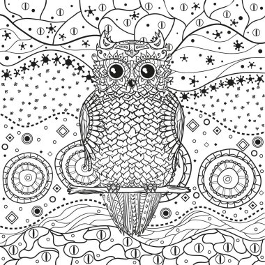 Soyut Doğu desen ile izole beyaz baykuş. Zentangle. El soyut desenler yalıtım zemin üzerine çekilmiş. Yetişkinler için manevi rahatlama için tasarım. Siyah beyaz resim
