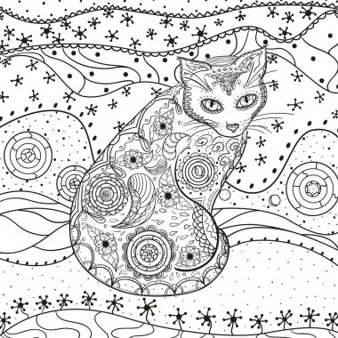 Soyut Doğu desen ile izole beyaz kedi. Zentangle. El soyut desenler yalıtım zemin üzerine çekilmiş. Yetişkinler için manevi rahatlama için tasarım. Siyah beyaz resim