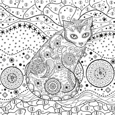 Soyut Doğu desen ile izole beyaz kedi. Zentangle. El soyut desenler yalıtım zemin üzerine çekilmiş. Yetişkinler için manevi rahatlama için tasarım. Siyah beyaz resim