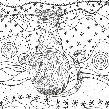 Desen ile izole beyaz kedi. Zentangle. El soyut desenler yalıtım zemin üzerine çekilmiş. Yetişkinler için manevi rahatlama için tasarım. Siyah beyaz resim