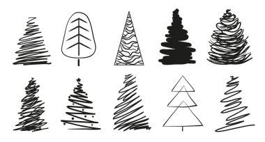 Beyaz üzerinde Noel ağaçları. Simgeler için izole arka plan üzerinde ayarlayın. Geometrik sanat. Nesneleri basımcılık, poster, tişört ve Tekstil için. Siyah beyaz resim