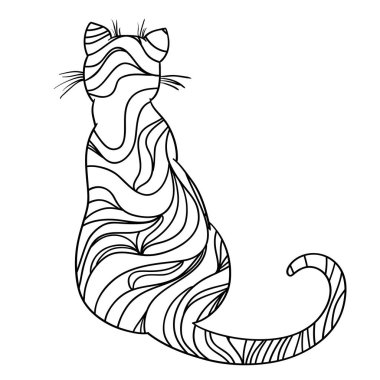 Beyaz kedi. Zentangle. El Hayvan soyut desenler ile yalıtım zemin üzerine çekilmiş. Yetişkinler için manevi rahatlama için tasarım. El ilanı, afiş veya tekstil baskı