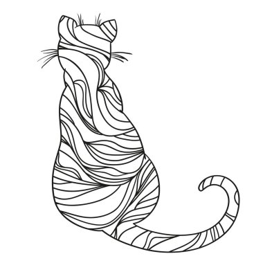 Beyaz kedi. Zentangle. El Hayvan soyut desenler ile yalıtım zemin üzerine çekilmiş. Yetişkinler için manevi rahatlama için tasarım. T-shirtler için anahat. El ilanı, afiş veya tekstil baskı