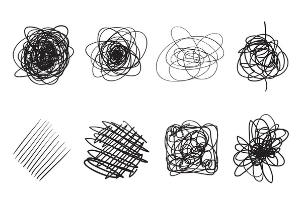 ホワイトにもつれた図形します カオス パターン 落書きのスケッチ 行の配列と背景 複雑な混沌としたテクスチャです 芸術の創造 黒と白のイラスト ポスターとチラシの落書き — ストックベクタ