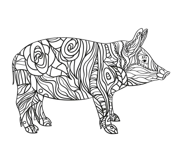 白豚します 孤立した背景に複雑なパターンを持つ動物を描いた 大人のための精神的なリラクゼーションのためのデザイン バナー チラシ または繊維のイメージです 黒と白のイラスト — ストックベクタ