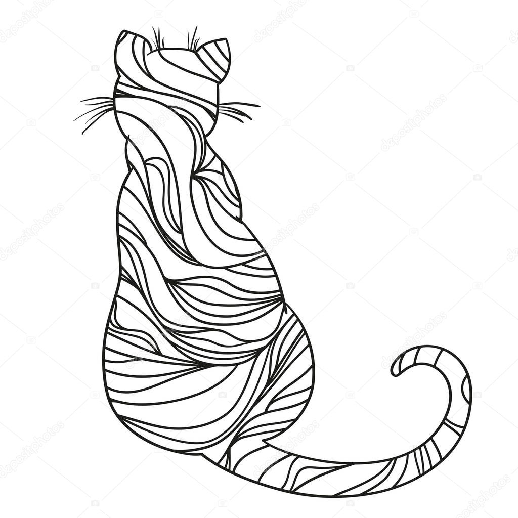 Cat on white. Zentangle. Hand drawn animal with abstract patterns on isolation background. Design for spiritual relaxation for adults. Outline for t-shirts. Print for flyer, poster or textile