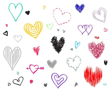El kalpler izole beyaz zemin üzerine çekilmiş. Aşk belirtileri ayarlayın. Benzersiz illüstrasyon tasarımı için. Hat sanat yaratma. Renkli resimde. Tasarım öğeleri