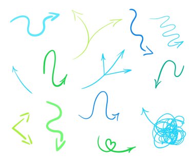 İzole beyaz arka plan üzerinde renkli Infographic öğeleri. Elle çizilmiş basit oklar. Hat sanatı. Farklı işaretçi kümesi. Soyut göstergeleri