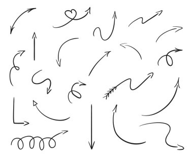 Elle çizilmiş Infographic öğeleri üzerinde beyaz. Soyut oklar. Hat sanatı. Farklı işaretçi kümesi. Siyah beyaz resim. Doodles'ın tasarımı için