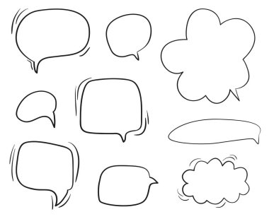 Elle çizilmiş kümesi ve sürekli konuşma balonları. Beyaz soyut semboller. Yağma sözler için desen. Hat sanatı. Farklı işaretler topluluğu. Siyah beyaz resim