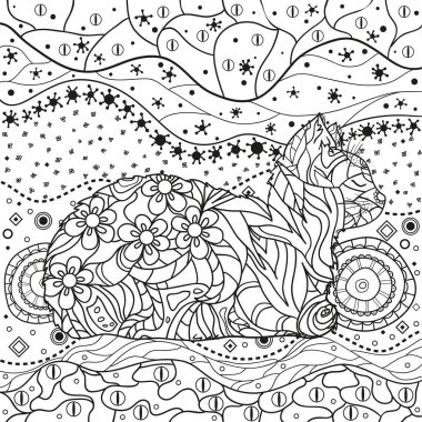 Soyut Doğu desen ile izole beyaz kedi. Zentangle. El soyut desenler yalıtım zemin üzerine çekilmiş. Yetişkinler için manevi rahatlama için tasarım. Siyah beyaz resim