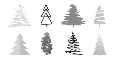 Beyaz üzerinde Noel ağaçları. Tasarım için izole arka plan üzerinde ayarlayın. Geometrik sanat. Nesneleri basımcılık, poster, tişört ve Tekstil için. Siyah beyaz resim