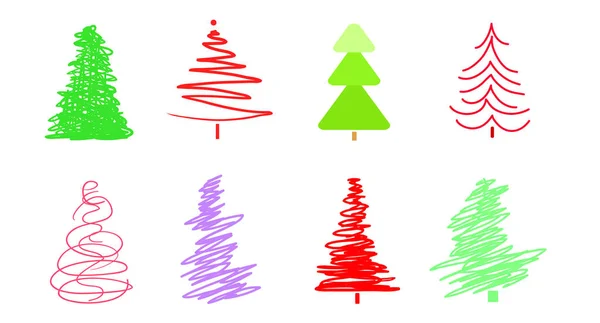 Bunte Weihnachtsbäume Auf Weißem Grund Set Für Design Auf Isoliertem — Stockvektor