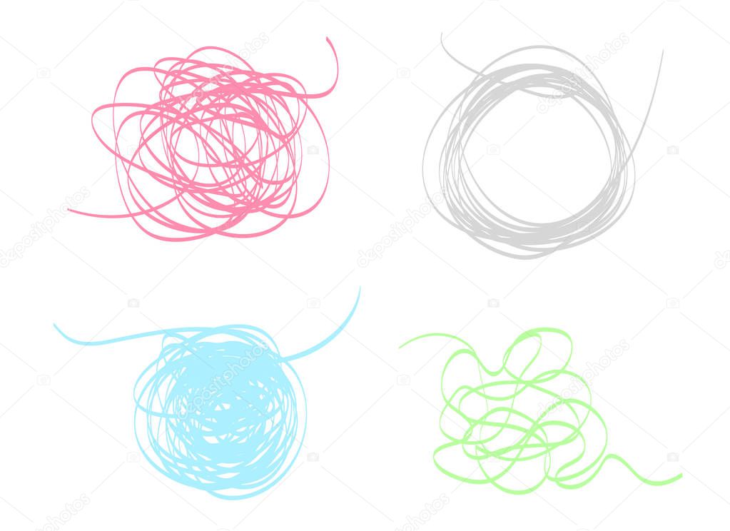 Set of colored elements on isolated background. Collection of tangled shapes on white. Hand drawn abstract sketches