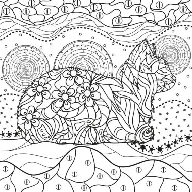 Soyut Doğu desen ile izole beyaz kedi. Zentangle. El soyut desenler yalıtım zemin üzerine çekilmiş. Yetişkinler için manevi rahatlama için tasarım. Siyah beyaz resim