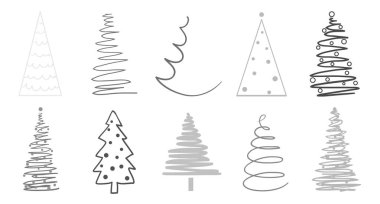 Beyaz üzerinde Noel ağaçları. Simgeler için izole arka plan üzerinde ayarlayın. Geometrik sanat. Nesneleri basımcılık, poster, tişört ve Tekstil için. Siyah beyaz resim
