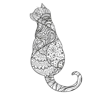 İzole beyaz kedi. Zentangle. El Hayvan soyut desenler ile yalıtım zemin üzerine çekilmiş. Yetişkinler için manevi rahatlama için tasarım. Siyah beyaz resim boyama. Zen sanat