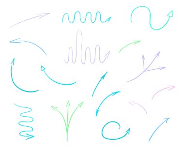 İzole beyaz arka plan üzerinde renkli Infographic öğeleri. Elle çizilmiş basit oklar. Hat sanatı. Farklı işaretçi kümesi. Soyut göstergeleri