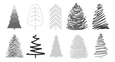Beyaz üzerinde Noel ağaçları. Tasarım için izole arka plan üzerinde ayarlayın. Geometrik sanat. Nesneleri basımcılık, poster, tişört ve Tekstil için. Siyah beyaz resim
