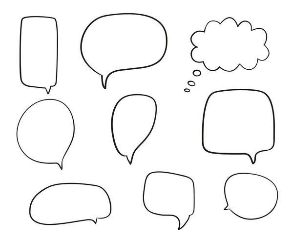 Set of hand drawn think and talk speech bubbles. Abstract symbols on white. Pattern of loot for words. Line art. Collection of different signs. Black and white illustration