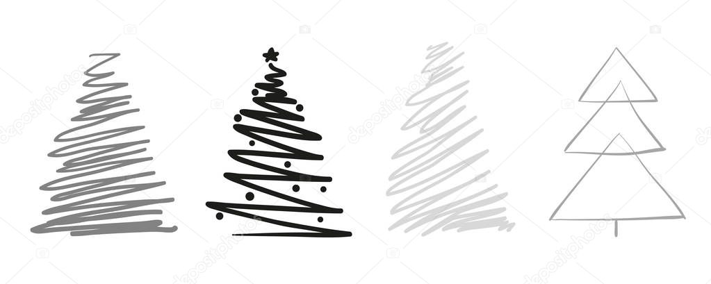 Christmas trees on white. Set for design on isolated background. Geometric art. Objects for polygraphy, posters, t-shirts and textiles. Black and white illustration