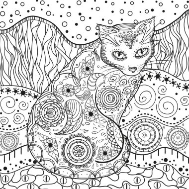 Soyut Doğu desen ile izole beyaz kedi. Zentangle. El soyut desenler yalıtım zemin üzerine çekilmiş. Yetişkinler için manevi rahatlama için tasarım. Siyah beyaz resim