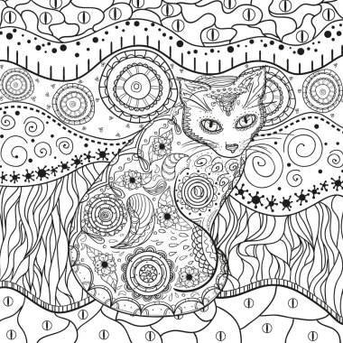 Soyut Doğu desen ile izole beyaz kedi. Zentangle. El soyut desenler yalıtım zemin üzerine çekilmiş. Yetişkinler için manevi rahatlama için tasarım. Siyah beyaz resim