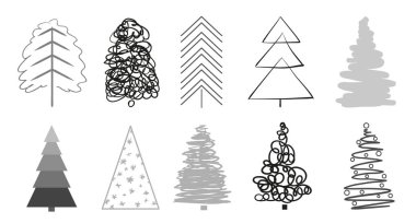 Beyaz üzerinde Noel ağaçları. Tasarım için izole arka plan üzerinde ayarlayın. Geometrik sanat. Nesneleri basımcılık, poster, tişört ve Tekstil için. Siyah beyaz resim