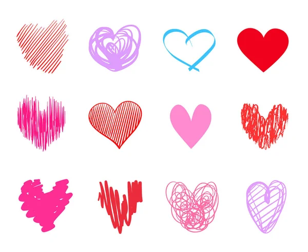 Hand Drawn Hearts Isolated White Background Set Love Signs Unique — Stock Vector