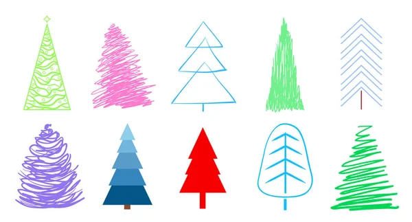 Bunte Weihnachtsbäume Auf Weißem Grund Set Für Design Auf Isoliertem — Stockvektor