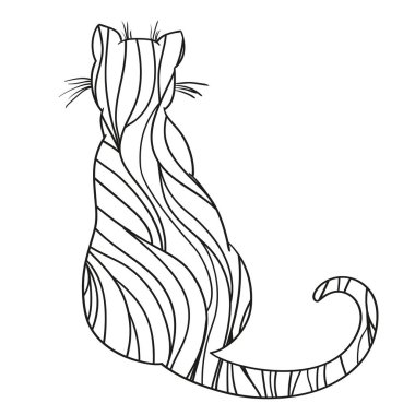 Beyaz kedi. Zentangle. El Hayvan soyut desenler ile yalıtım zemin üzerine çekilmiş. Yetişkinler için manevi rahatlama için tasarım. T-shirtler için anahat. El ilanı, afiş veya tekstil baskı