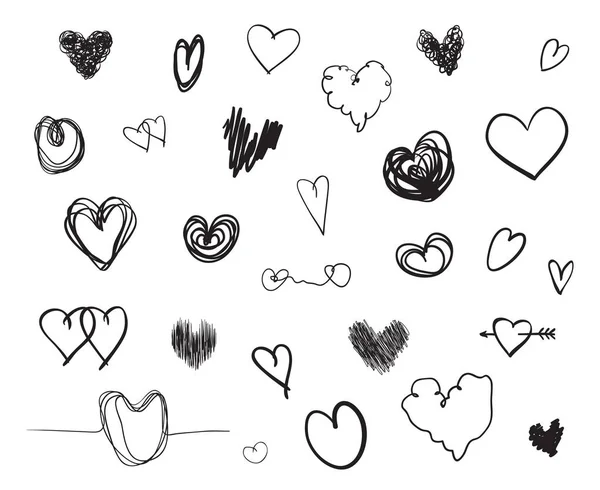 Handgezeichnete Herzen Auf Isoliertem Weißem Hintergrund Eine Reihe Von Liebeszeichen — Stockvektor