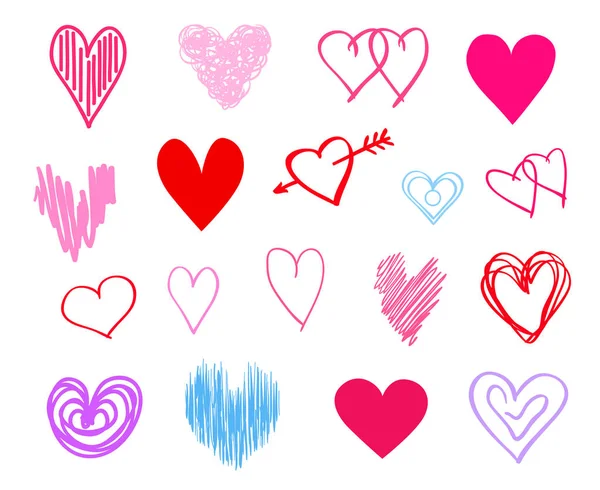 Ručně Tažené Barevné Srdce Izolované Bílém Pozadí Sada Znamení Lásky — Stockový vektor